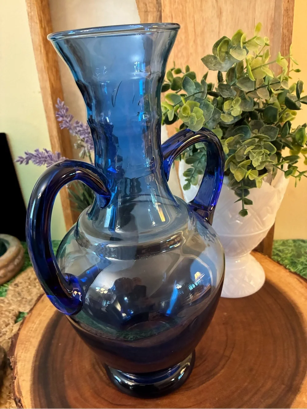 Vintage Cobalt Hand Crafted Double-Handled Blown Glass Vase